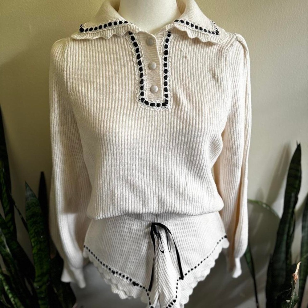 White Knit Sweater Black Ribbon Eyelet collar Wild Fable